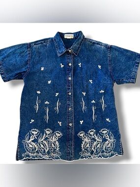 VTG Coqueta Denim Embroidered Pearl Beaded Blouse XL Acid Wash 80s Western C-3